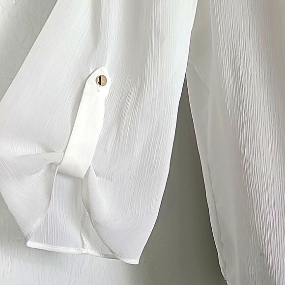 Roz & Ali White Blouse with Chiffon Overlay & Gold Bar Accent, Size 1X - Picture 4 of 9